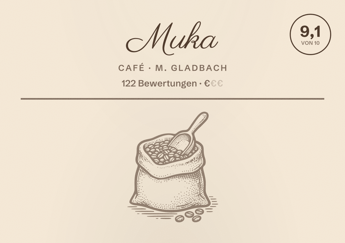 Illustriertes Poster von Muka, Café in M. Gladbach: Bewertung 9,1 von 10 aus 122 Bewertungen, Preisniveau €