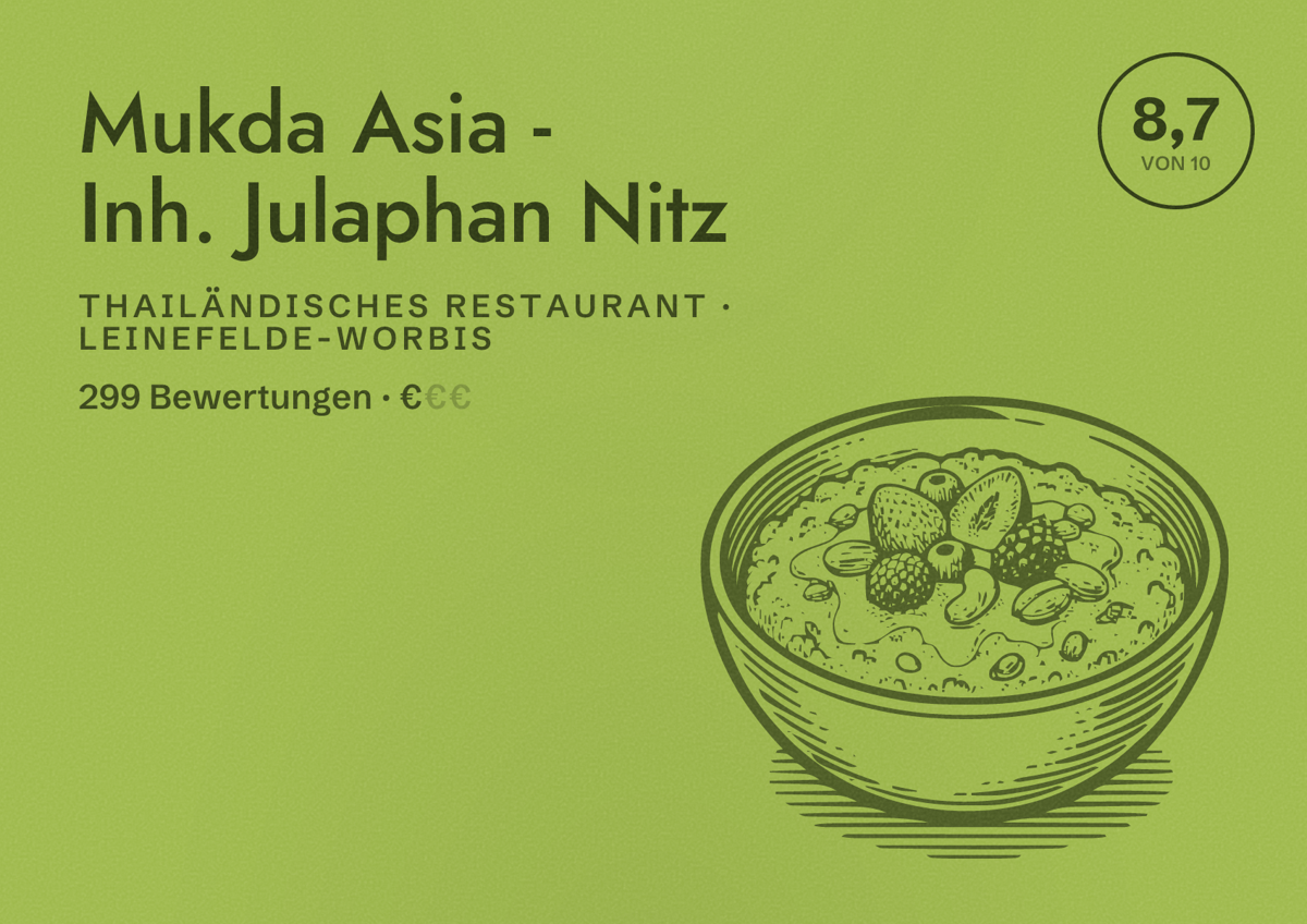 Illustriertes Poster von Mukda Asia - Inh. Julaphan Nitz, Thailändisches Restaurant in Leinefelde-Worbis: Bewertung 8,7 von 10 aus 299 Bewertungen, Preisniveau €