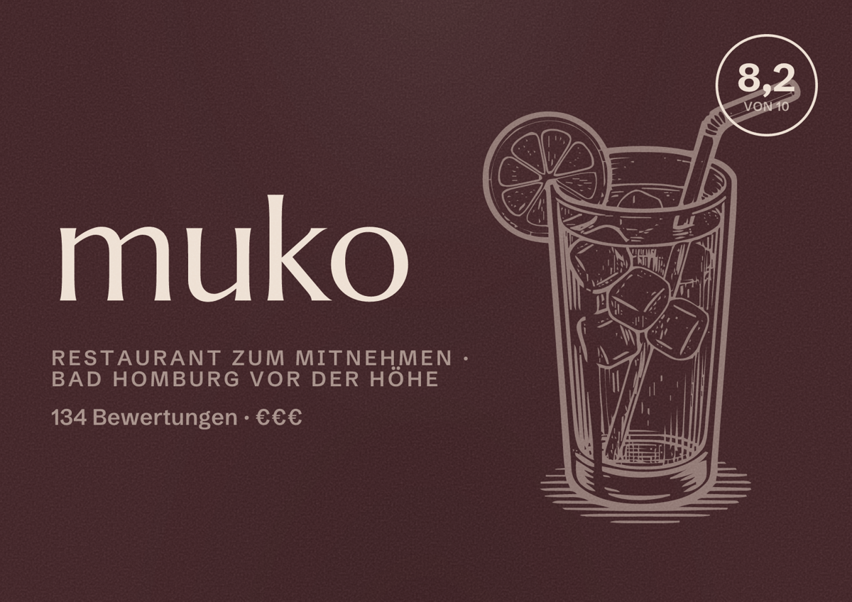 Illustriertes Poster von muko, Restaurant zum Mitnehmen in Bad Homburg vor der Höhe: Bewertung 8,2 von 10 aus 134 Bewertungen, Preisniveau €€€