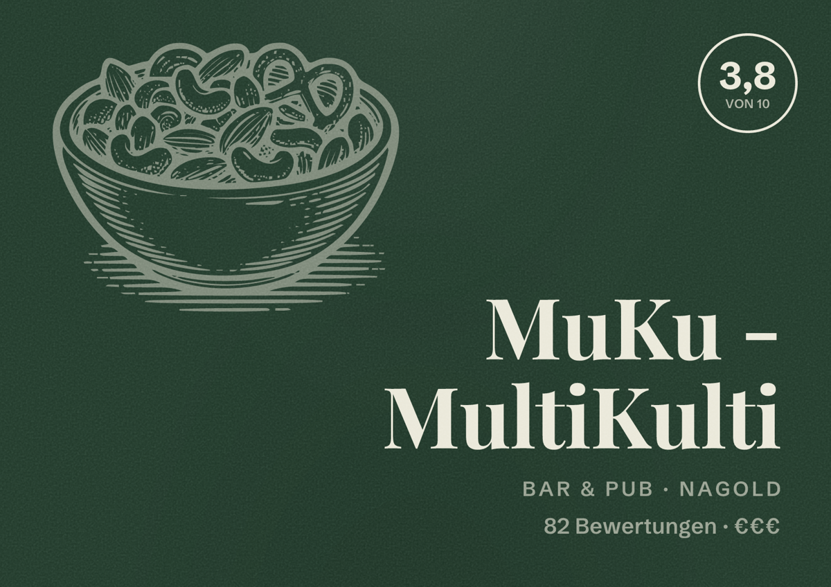 Illustriertes Poster von MuKu - MultiKulti, Bar & Pub in Nagold: Bewertung 3,8 von 10 aus 82 Bewertungen, Preisniveau €€€