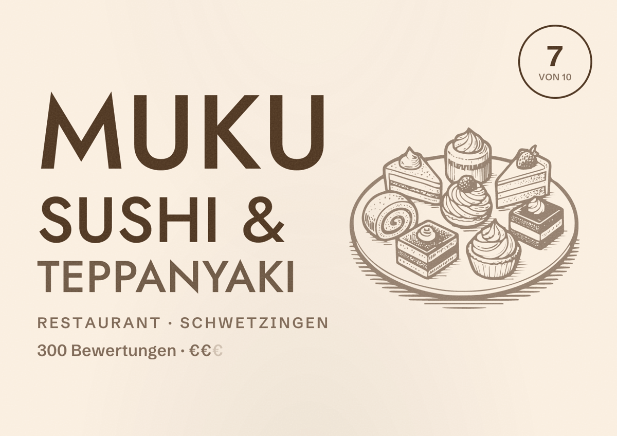 Illustriertes Poster von MUKU Sushi & Teppanyaki, Restaurant in Schwetzingen: Bewertung 7 von 10 aus 300 Bewertungen, Preisniveau €€