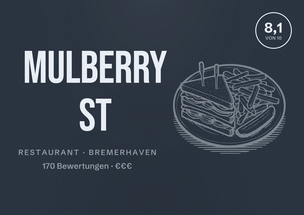 Illustriertes Poster von Mulberry St, Restaurant in Bremerhaven: Bewertung 8,1 von 10 aus 170 Bewertungen, Preisniveau €€€
