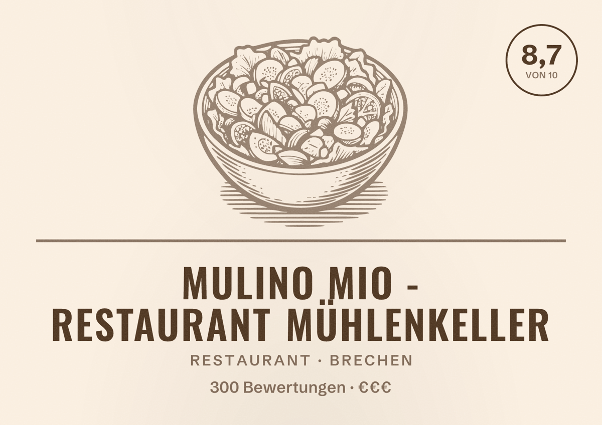 Illustriertes Poster von mulino mio - Restaurant Mühlenkeller, Restaurant in Brechen: Bewertung 8,7 von 10 aus 300 Bewertungen, Preisniveau €€€