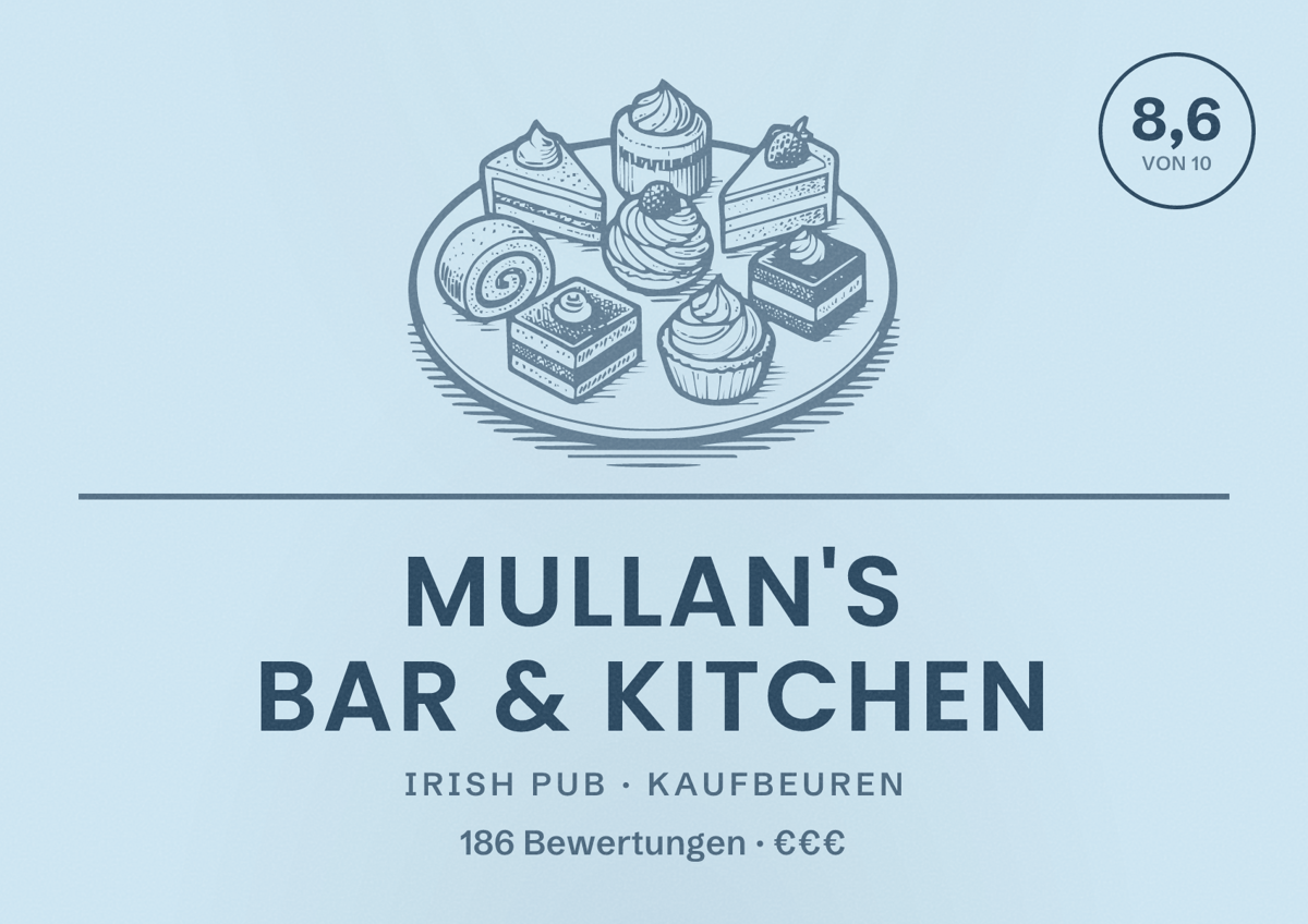 Illustriertes Poster von Mullan's Bar & Kitchen, Irish Pub in Kaufbeuren: Bewertung 8,6 von 10 aus 186 Bewertungen, Preisniveau €€€