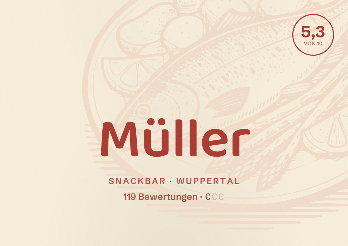 Illustriertes Poster von Müller, Snackbar in Wuppertal: Bewertung 5,3 von 10 aus 119 Bewertungen, Preisniveau €