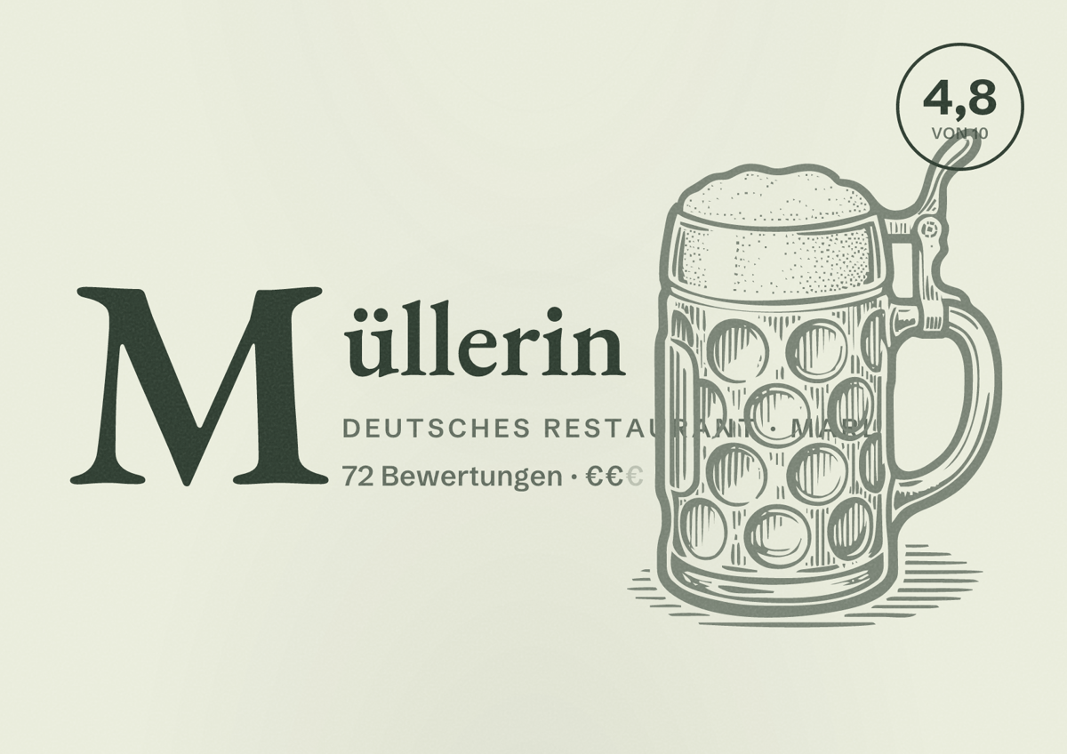 Illustriertes Poster von Müllerin, Deutsches Restaurant in Marl: Bewertung 4,8 von 10 aus 72 Bewertungen, Preisniveau €€