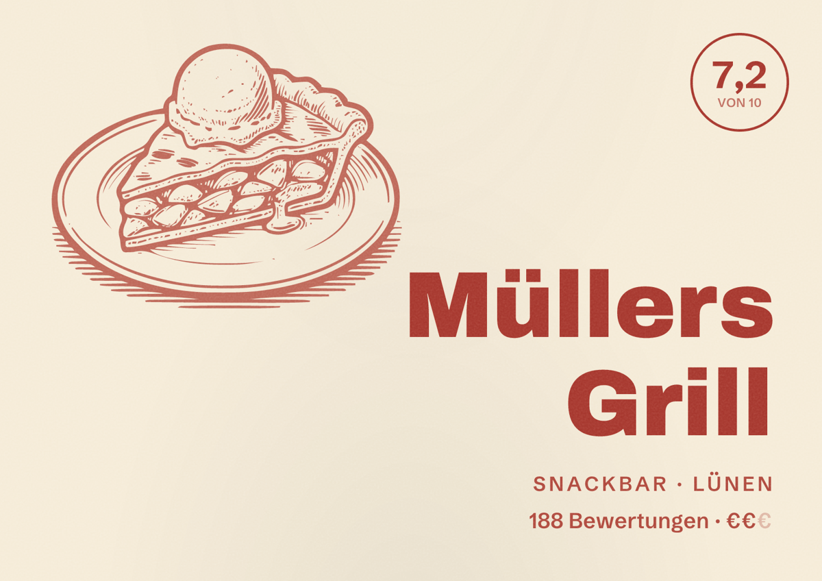 Illustriertes Poster von Müllers Grill, Snackbar in Lünen: Bewertung 7,2 von 10 aus 188 Bewertungen, Preisniveau €€