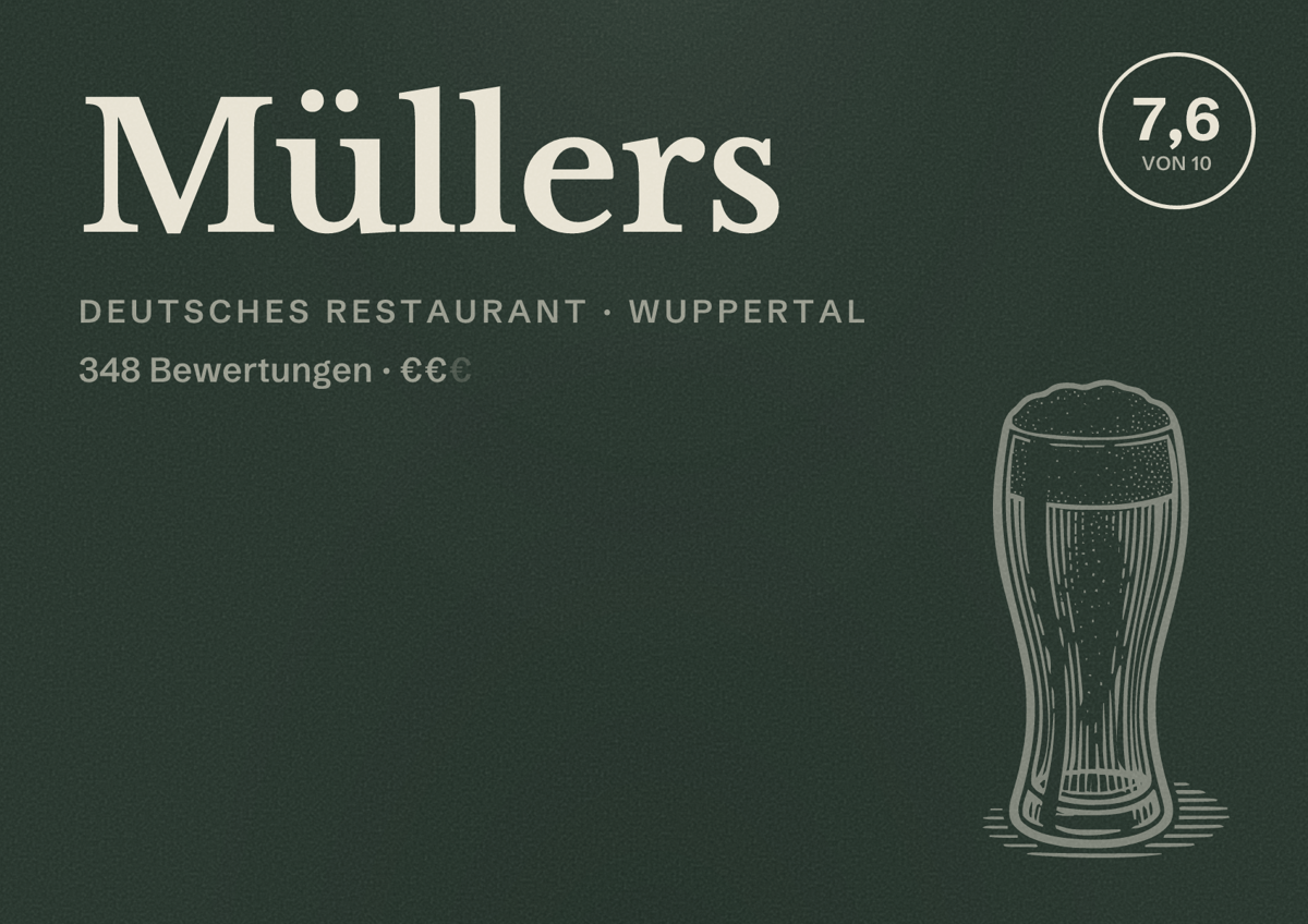 Illustriertes Poster von Müllers, Deutsches Restaurant in Wuppertal: Bewertung 7,6 von 10 aus 348 Bewertungen, Preisniveau €€