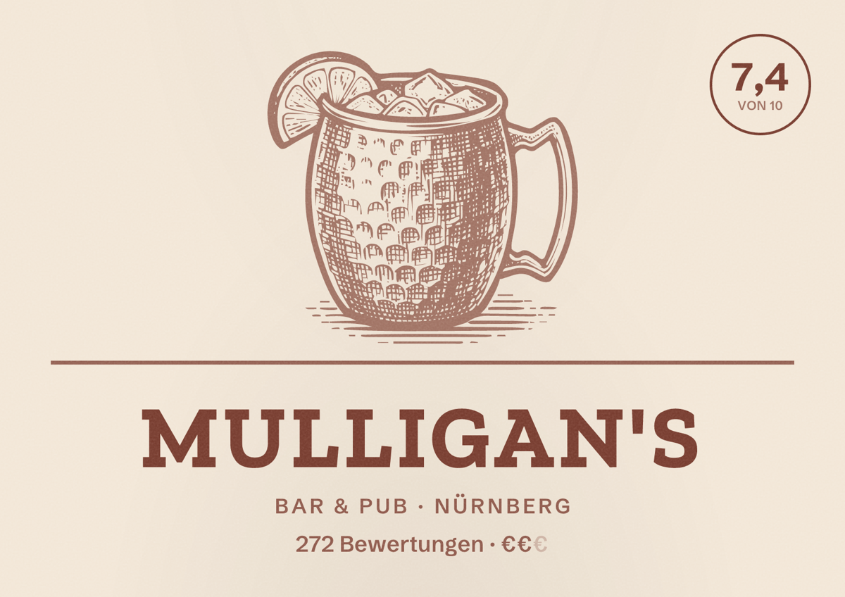Illustriertes Poster von MULLIGAN'S, Bar & Pub in Nürnberg: Bewertung 7,4 von 10 aus 272 Bewertungen, Preisniveau €€