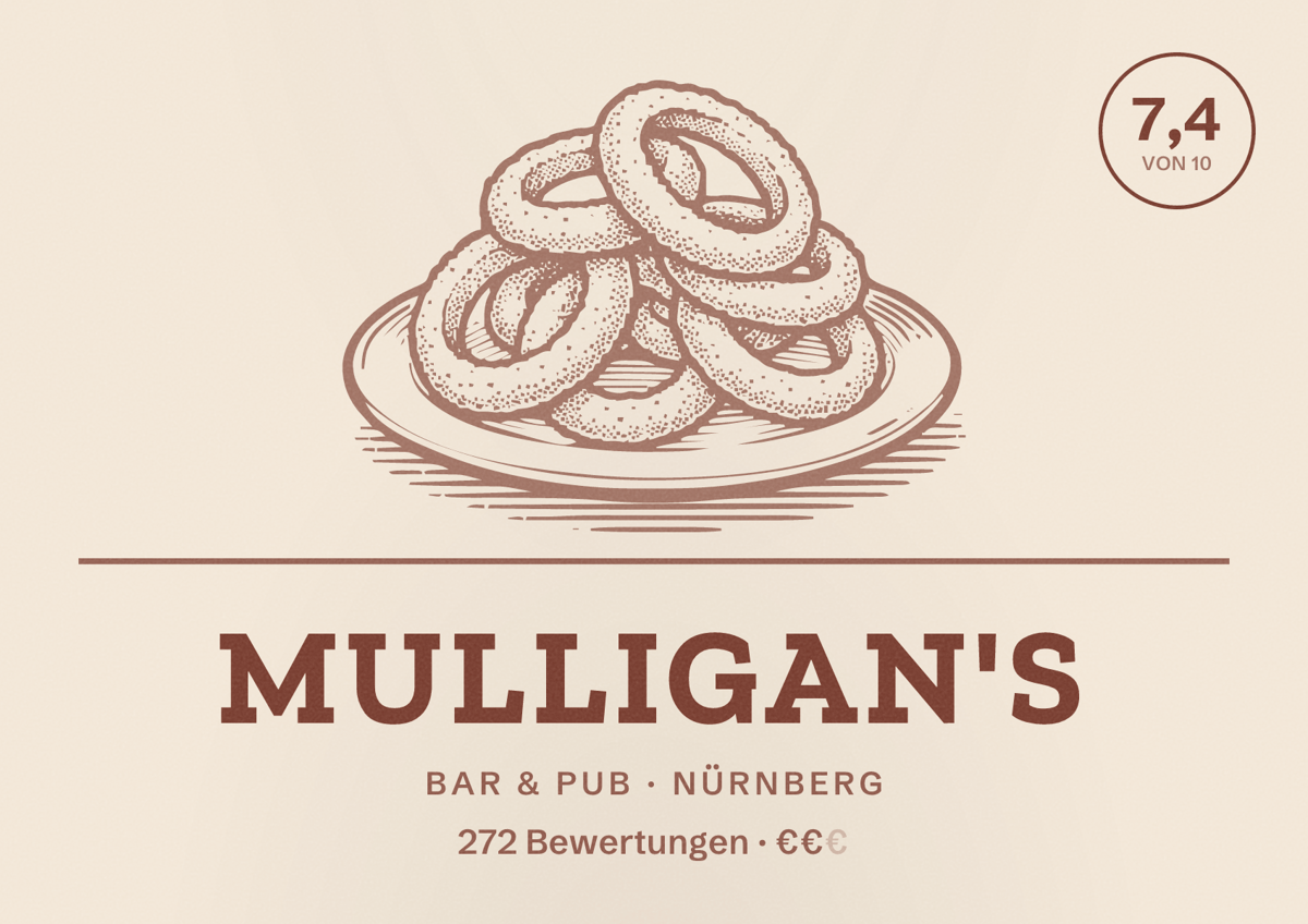 Illustriertes Poster von MULLIGAN'S, Bar & Pub in Nürnberg: Bewertung 7,4 von 10 aus 272 Bewertungen, Preisniveau €€