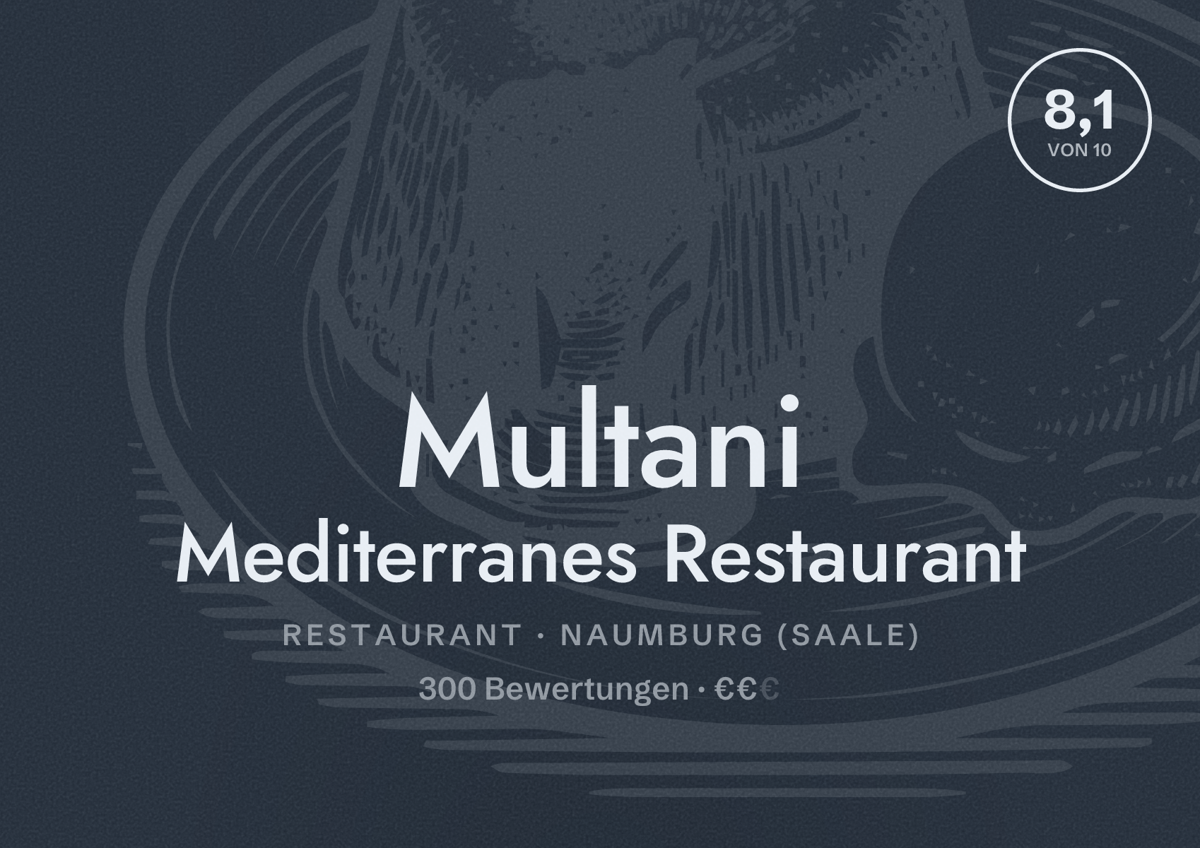 Illustriertes Poster von Multani Mediterranes Restaurant, Restaurant in Naumburg (Saale): Bewertung 8,1 von 10 aus 300 Bewertungen, Preisniveau €€