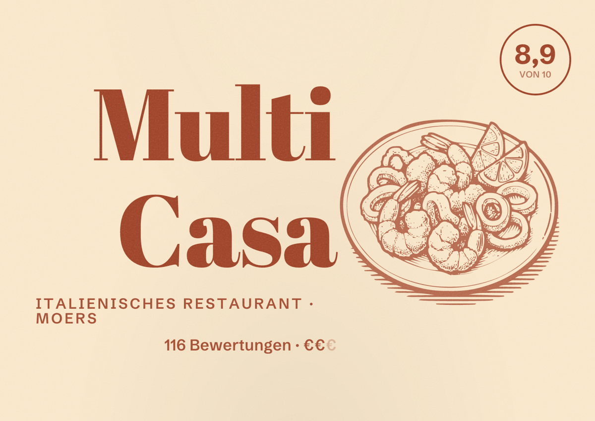 Illustriertes Poster von Multi Casa, Italienisches Restaurant in Moers: Bewertung 8,9 von 10 aus 116 Bewertungen, Preisniveau €€