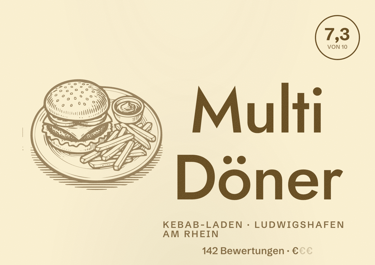 Illustriertes Poster von Multi Döner, Kebab-Laden in Ludwigshafen am Rhein: Bewertung 7,3 von 10 aus 142 Bewertungen, Preisniveau €