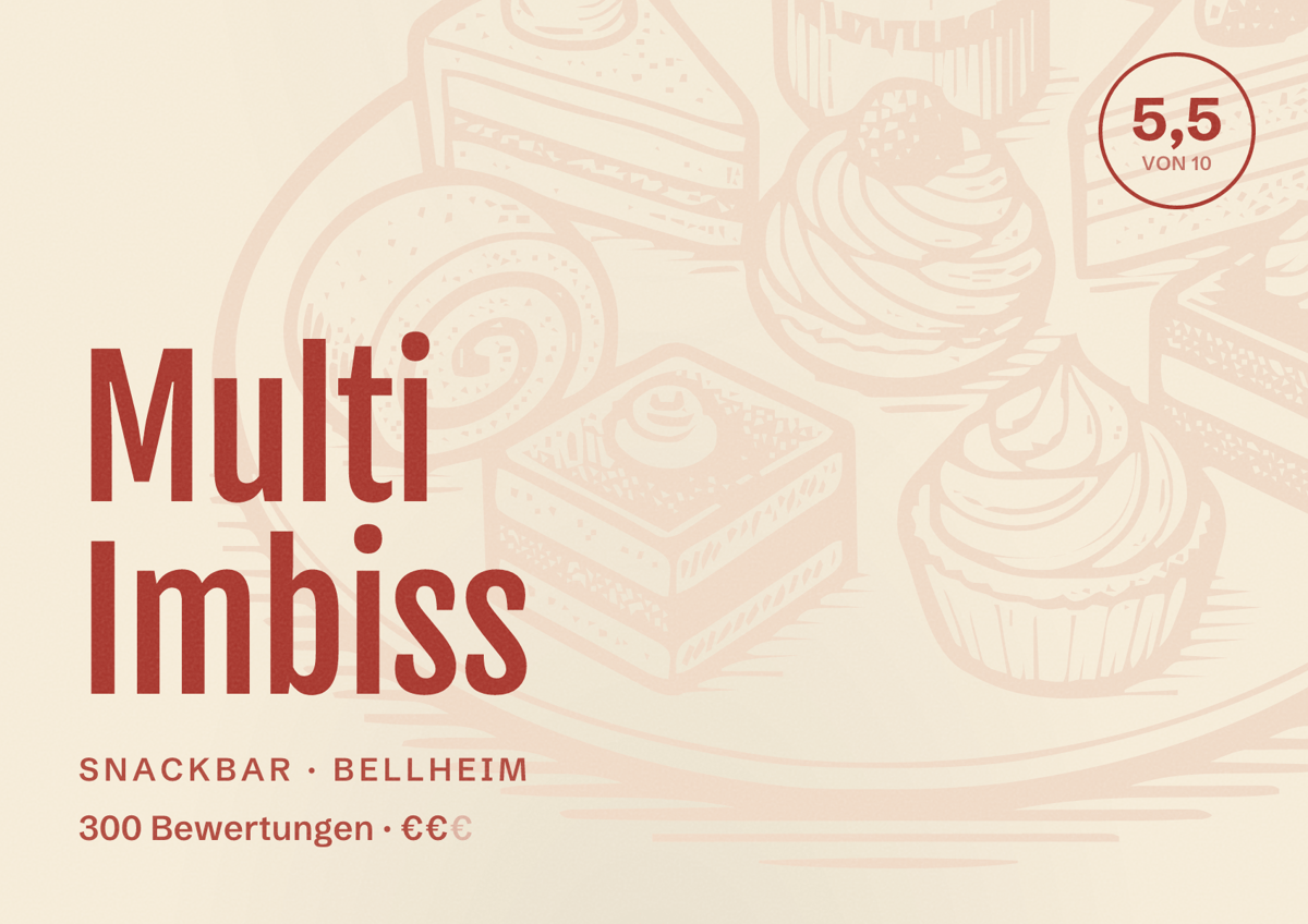 Illustriertes Poster von Multi Imbiss, Snackbar in Bellheim: Bewertung 5,5 von 10 aus 300 Bewertungen, Preisniveau €€