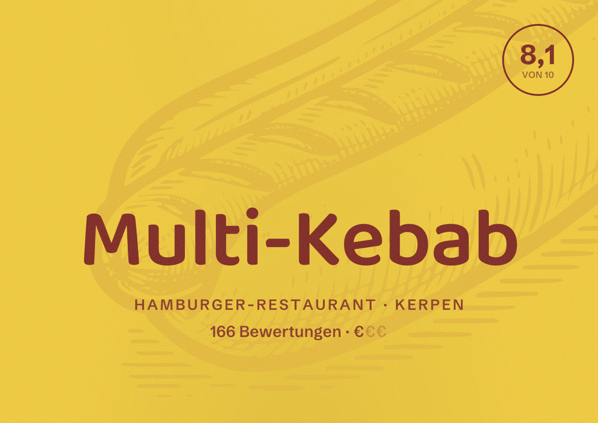 Illustriertes Poster von Multi-Kebab, Hamburger-Restaurant in Kerpen: Bewertung 8,1 von 10 aus 166 Bewertungen, Preisniveau €