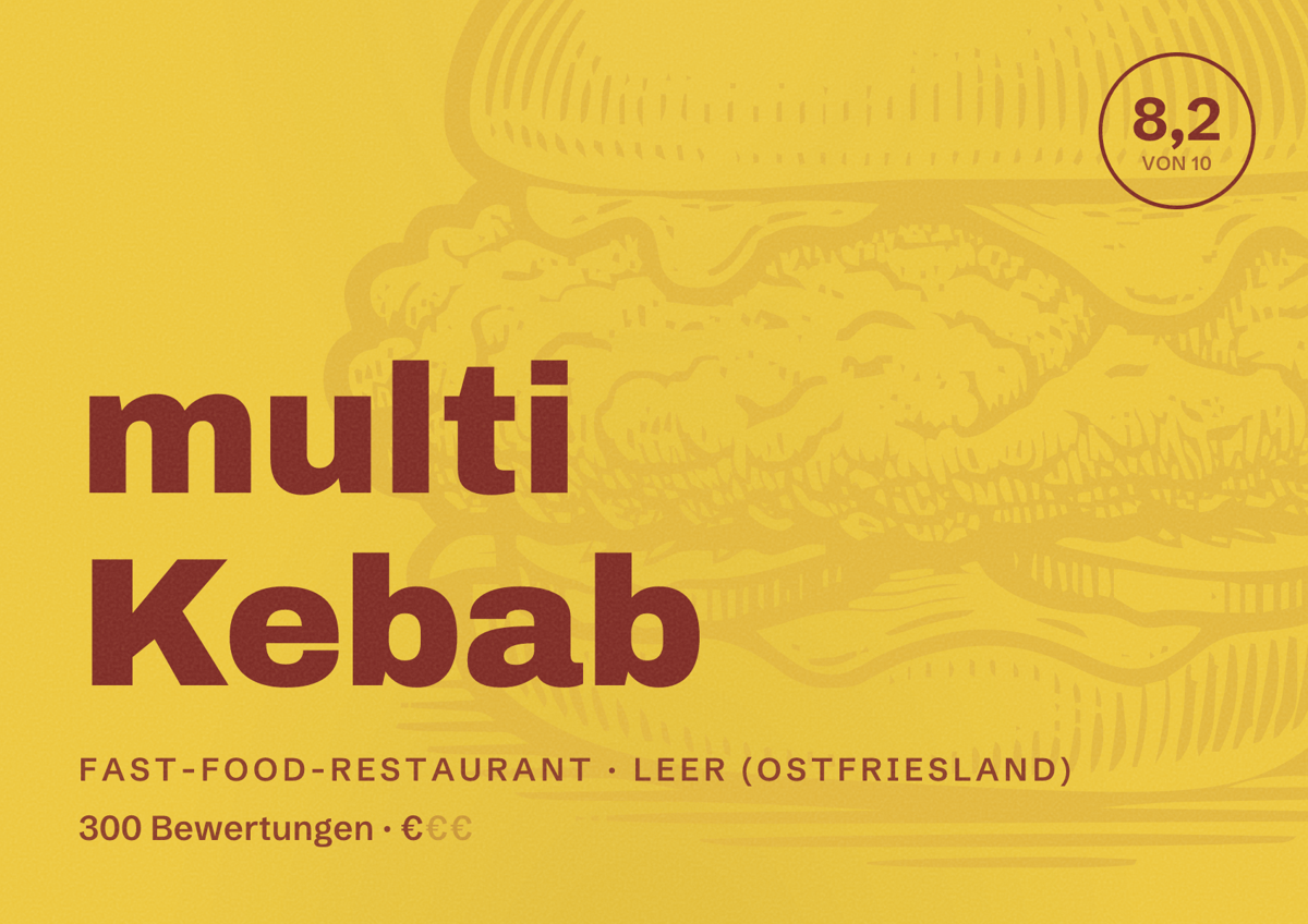 Illustriertes Poster von multi Kebab, Fast-Food-Restaurant in Leer (Ostfriesland): Bewertung 8,2 von 10 aus 300 Bewertungen, Preisniveau €