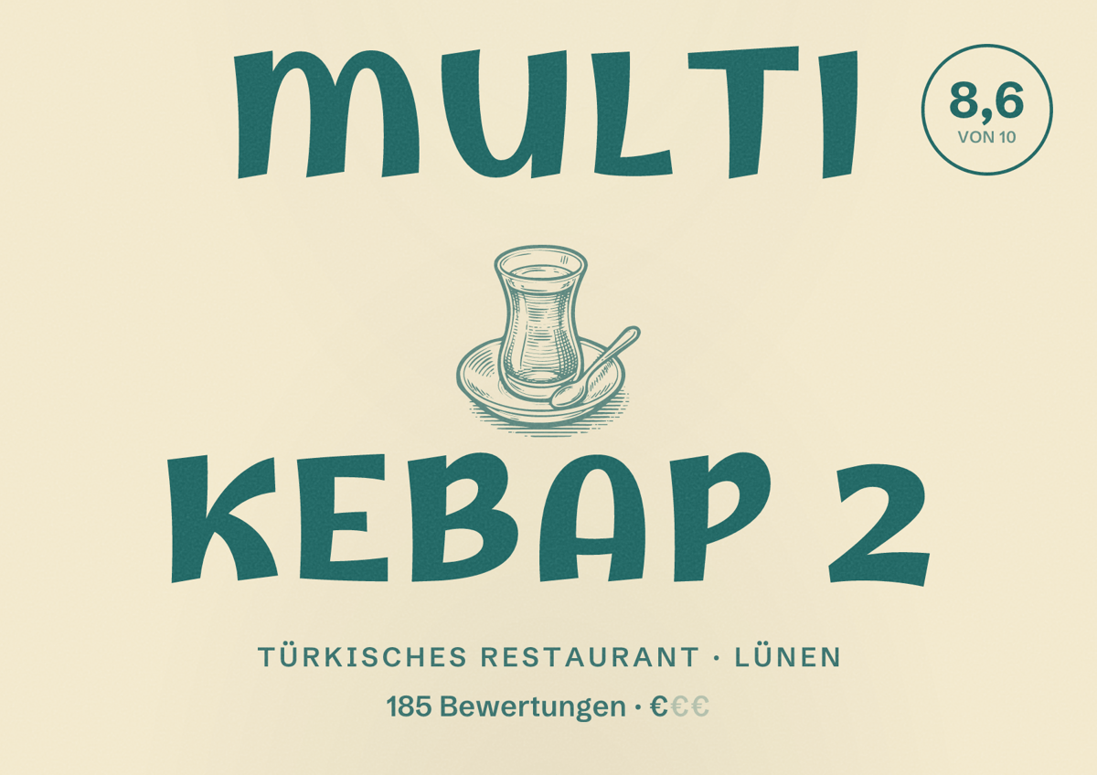Illustriertes Poster von Multi Kebap 2, Türkisches Restaurant in Lünen: Bewertung 8,6 von 10 aus 185 Bewertungen, Preisniveau €