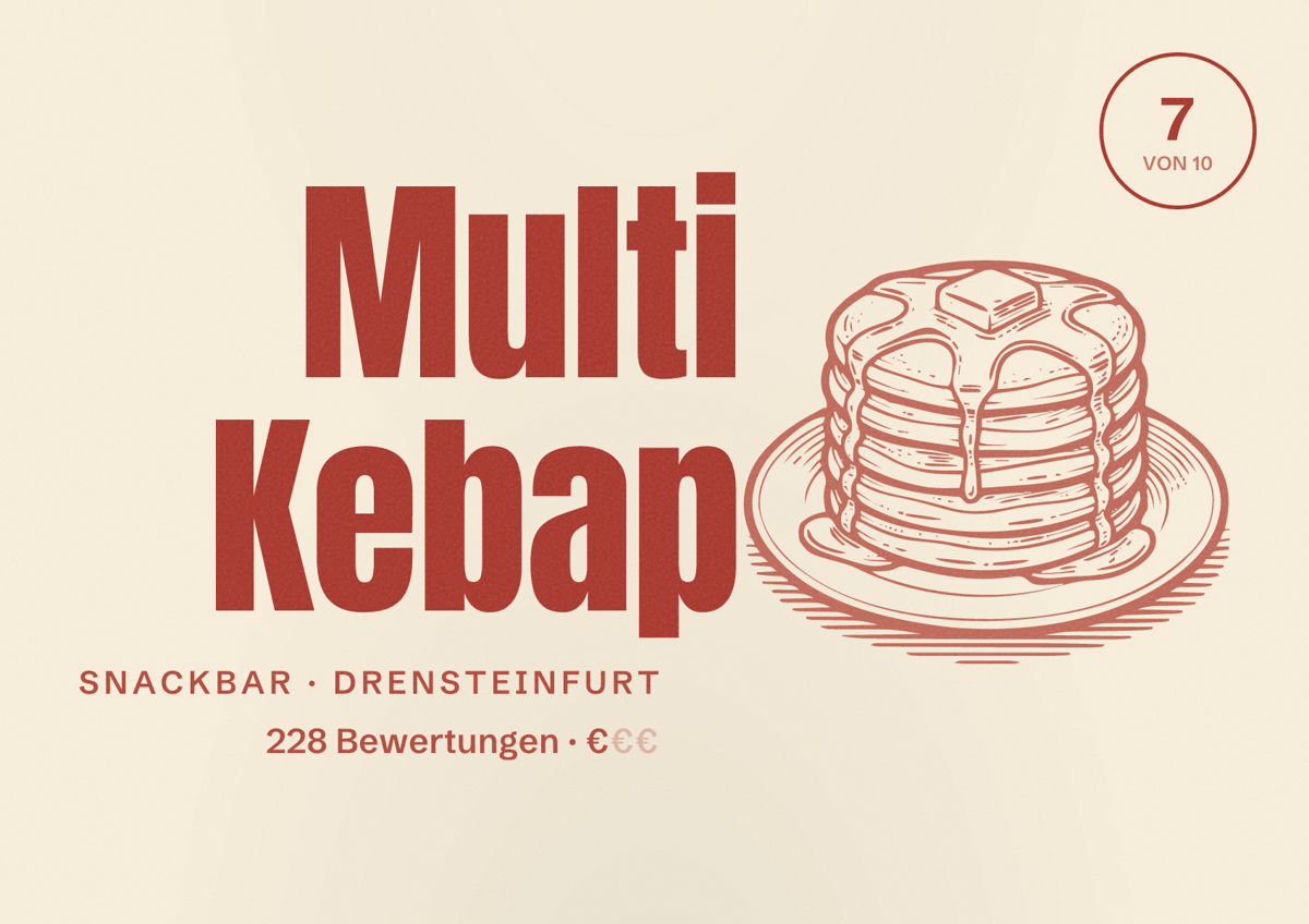 Illustriertes Poster von Multi Kebap, Snackbar in Drensteinfurt: Bewertung 7 von 10 aus 228 Bewertungen, Preisniveau €