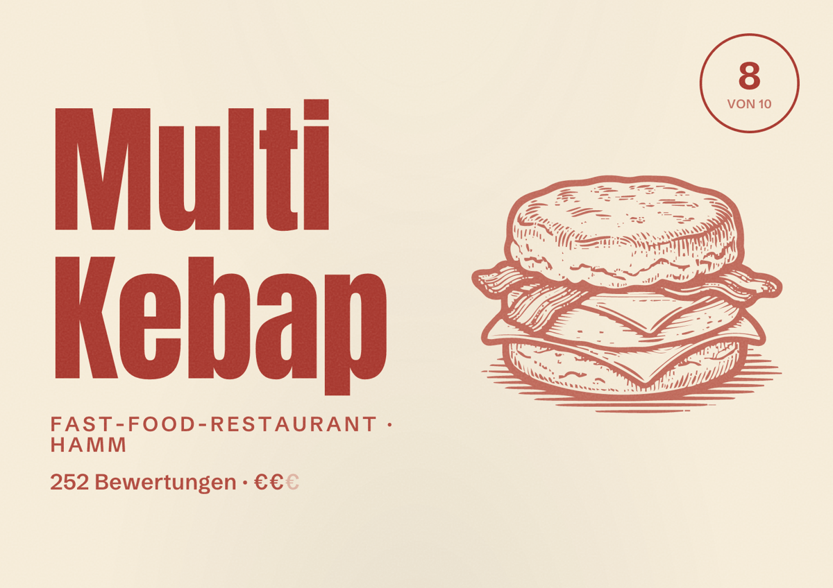 Illustriertes Poster von Multi Kebap, Fast-Food-Restaurant in Hamm: Bewertung 8 von 10 aus 252 Bewertungen, Preisniveau €€