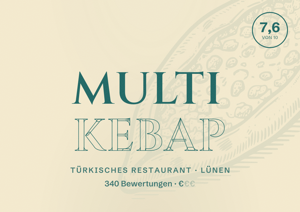 Illustriertes Poster von Multi Kebap, Türkisches Restaurant in Lünen: Bewertung 7,6 von 10 aus 340 Bewertungen, Preisniveau €
