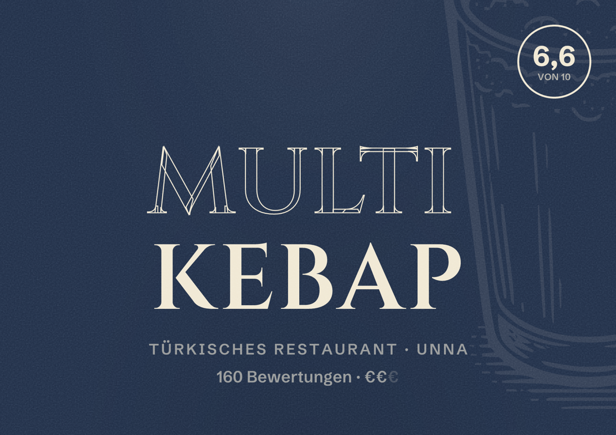 Illustriertes Poster von Multi Kebap, Türkisches Restaurant in Unna: Bewertung 6,6 von 10 aus 160 Bewertungen, Preisniveau €€