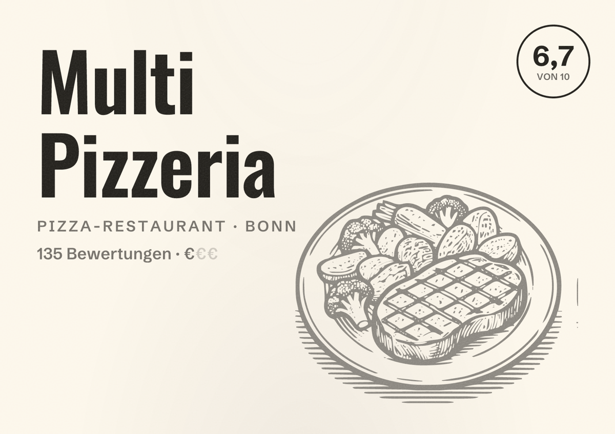 Illustriertes Poster von Multi Pizzeria, Pizza-Restaurant in Bonn: Bewertung 6,7 von 10 aus 135 Bewertungen, Preisniveau €