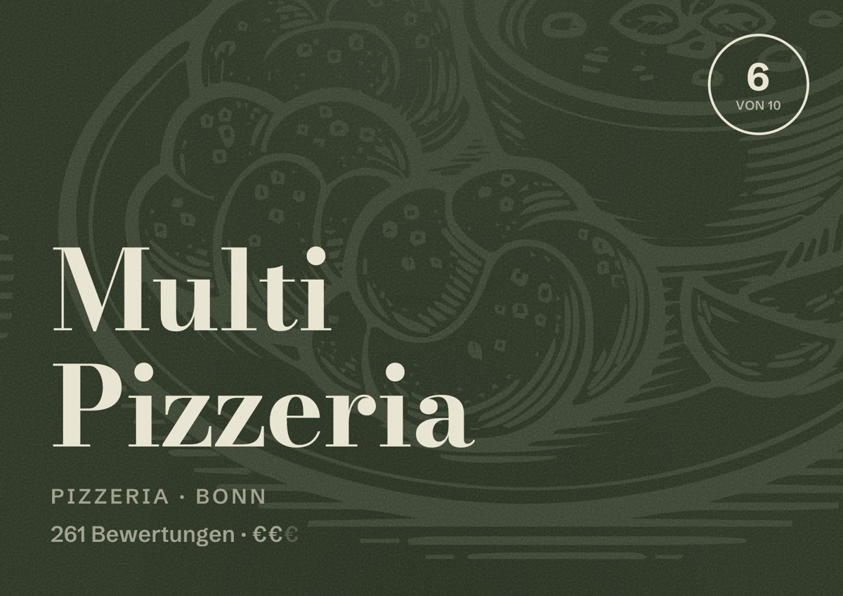 Illustriertes Poster von Multi Pizzeria, Pizzeria in Bonn: Bewertung 6 von 10 aus 261 Bewertungen, Preisniveau €€