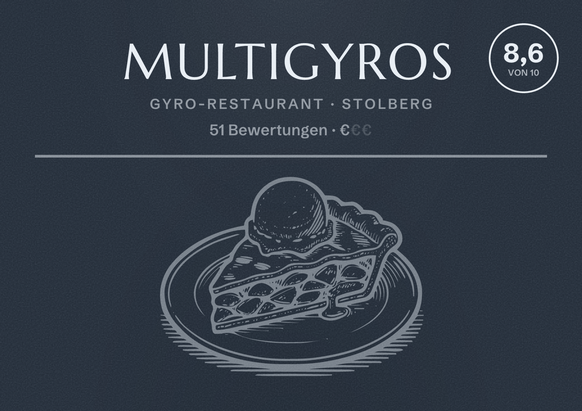 Illustriertes Poster von Multigyros, Gyro-Restaurant in Stolberg: Bewertung 8,6 von 10 aus 51 Bewertungen, Preisniveau €