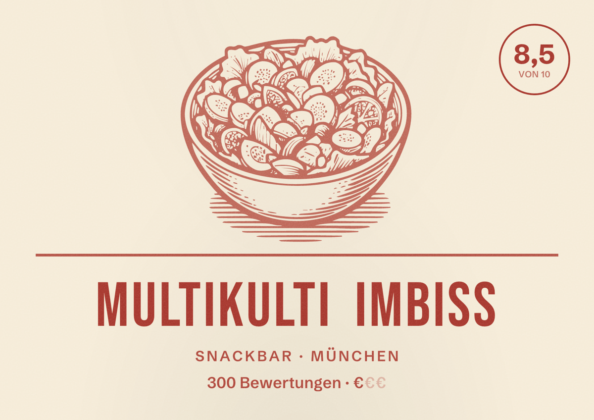 Illustriertes Poster von Multikulti Imbiss, Snackbar in München: Bewertung 8,5 von 10 aus 300 Bewertungen, Preisniveau €