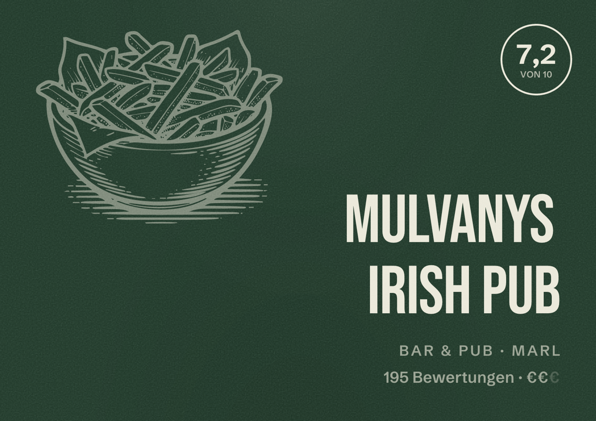 Illustriertes Poster von Mulvanys Irish Pub, Bar & Pub in Marl: Bewertung 7,2 von 10 aus 195 Bewertungen, Preisniveau €€
