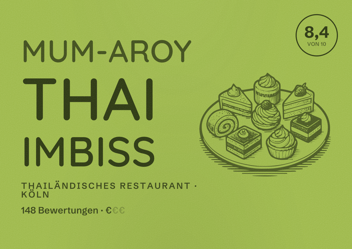 Illustriertes Poster von Mum-Aroy Thai Imbiss, Thailändisches Restaurant in Köln: Bewertung 8,4 von 10 aus 148 Bewertungen, Preisniveau €