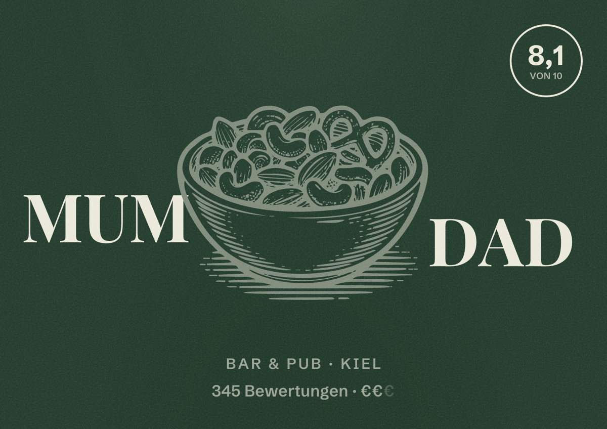 Illustriertes Poster von MUM DAD, Bar & Pub in Kiel: Bewertung 8,1 von 10 aus 345 Bewertungen, Preisniveau €€