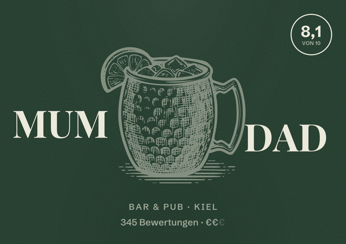 Illustriertes Poster von MUM DAD, Bar & Pub in Kiel: Bewertung 8,1 von 10 aus 345 Bewertungen, Preisniveau €€
