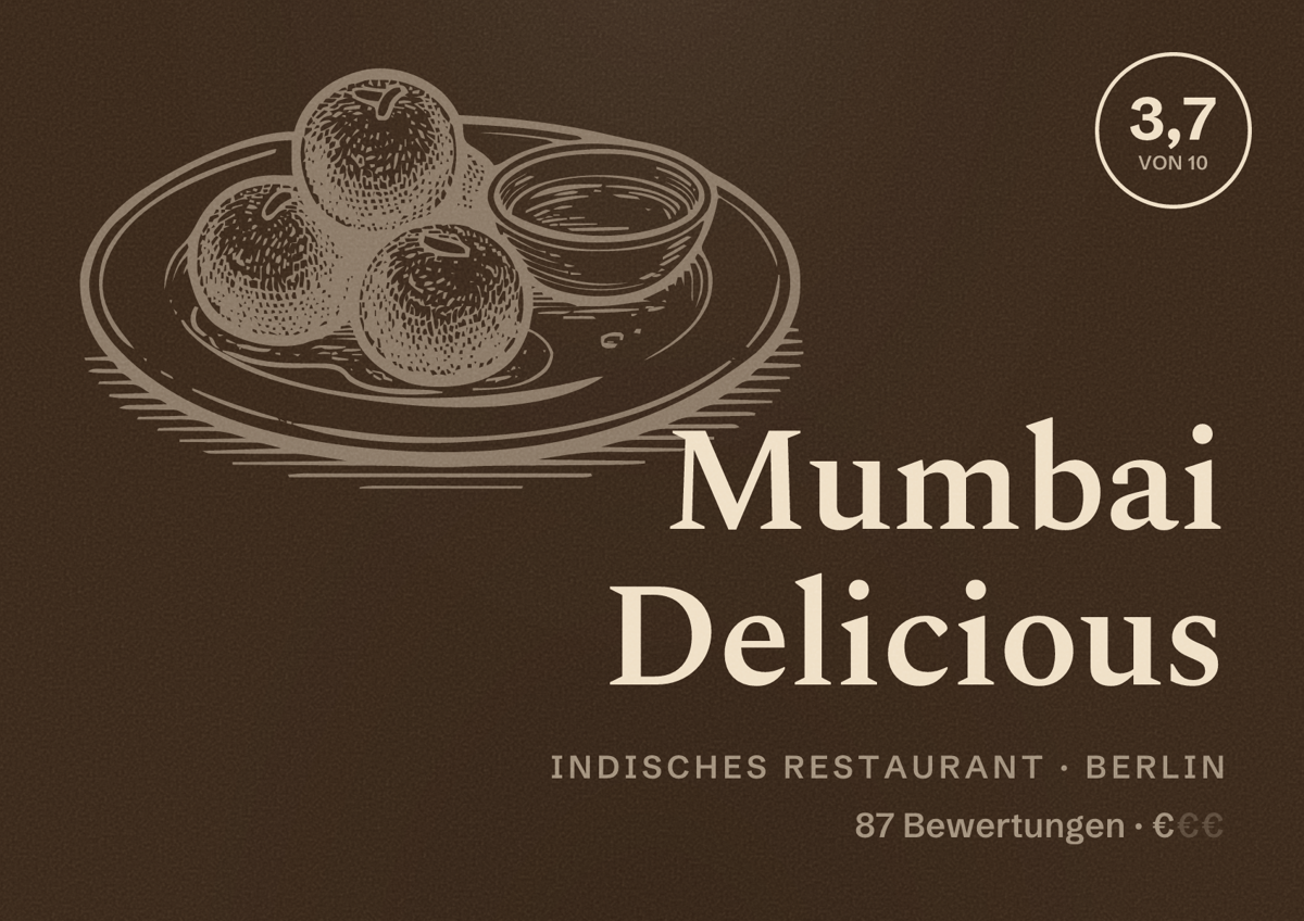Illustriertes Poster von Mumbai Delicious, Indisches Restaurant in Berlin: Bewertung 3,7 von 10 aus 87 Bewertungen, Preisniveau €