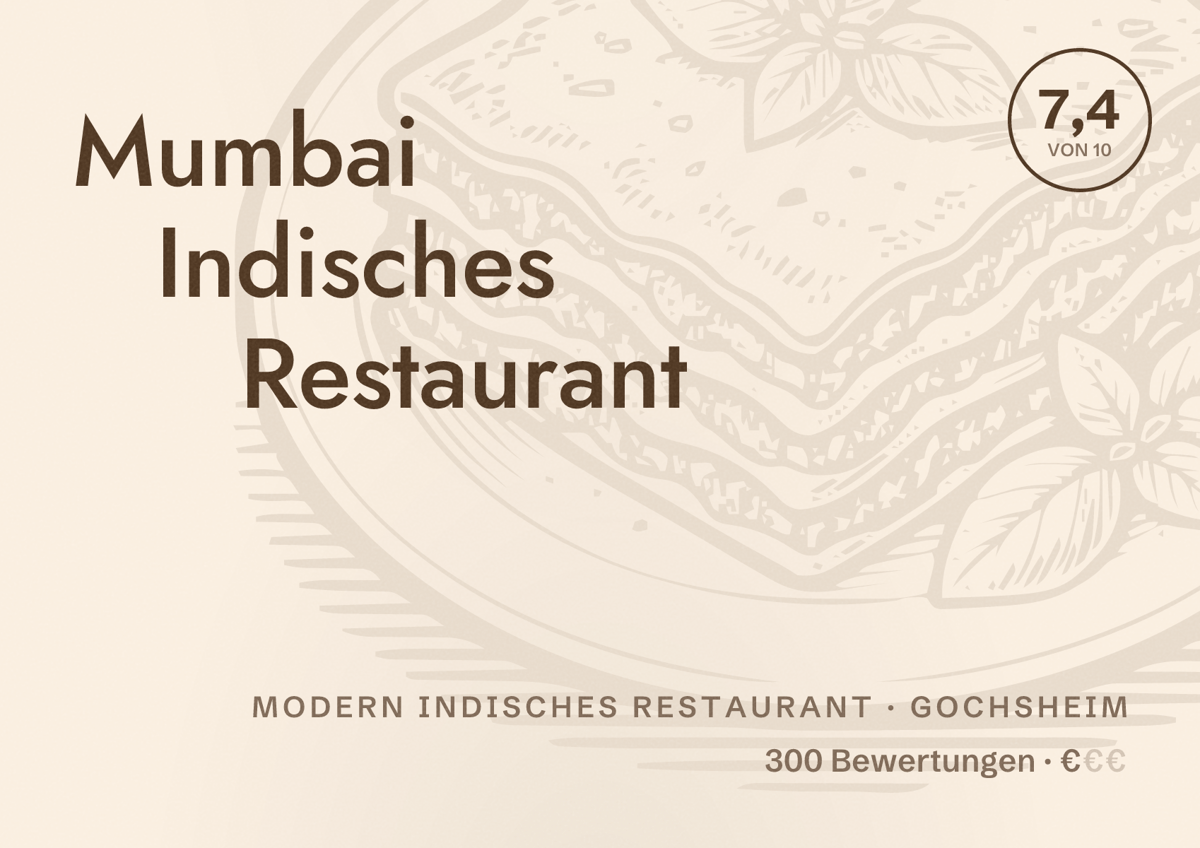 Illustriertes Poster von Mumbai Indisches Restaurant, Modern indisches Restaurant in Gochsheim: Bewertung 7,4 von 10 aus 300 Bewertungen, Preisniveau €