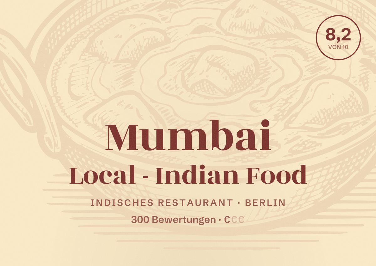 Illustriertes Poster von Mumbai Local - Indian Food, Indisches Restaurant in Berlin: Bewertung 8,2 von 10 aus 300 Bewertungen, Preisniveau €