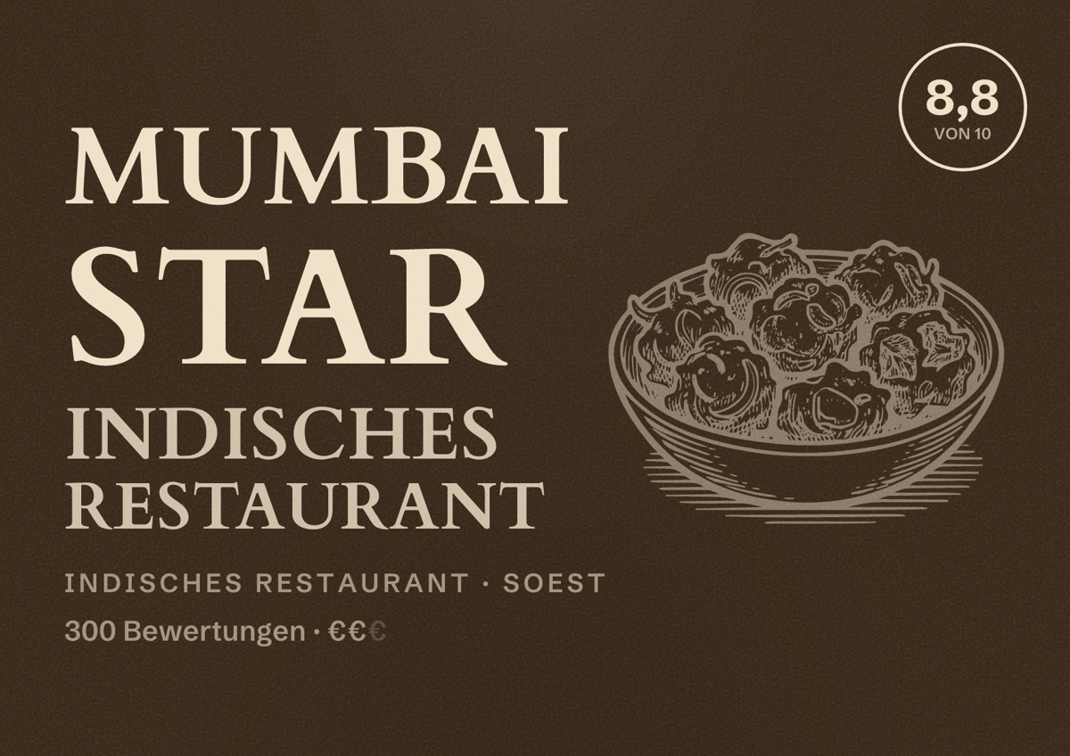 Illustriertes Poster von Mumbai Star Indisches Restaurant, Indisches Restaurant in Soest: Bewertung 8,8 von 10 aus 300 Bewertungen, Preisniveau €€