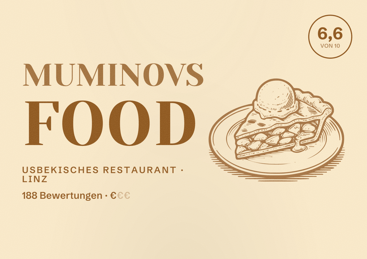 Illustriertes Poster von Muminovs Food, Usbekisches Restaurant in Linz: Bewertung 6,6 von 10 aus 188 Bewertungen, Preisniveau €