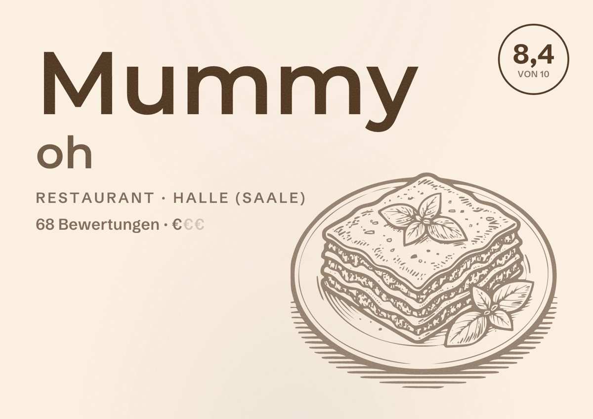 Illustriertes Poster von Mummy oh, Restaurant in Halle (Saale): Bewertung 8,4 von 10 aus 68 Bewertungen, Preisniveau €