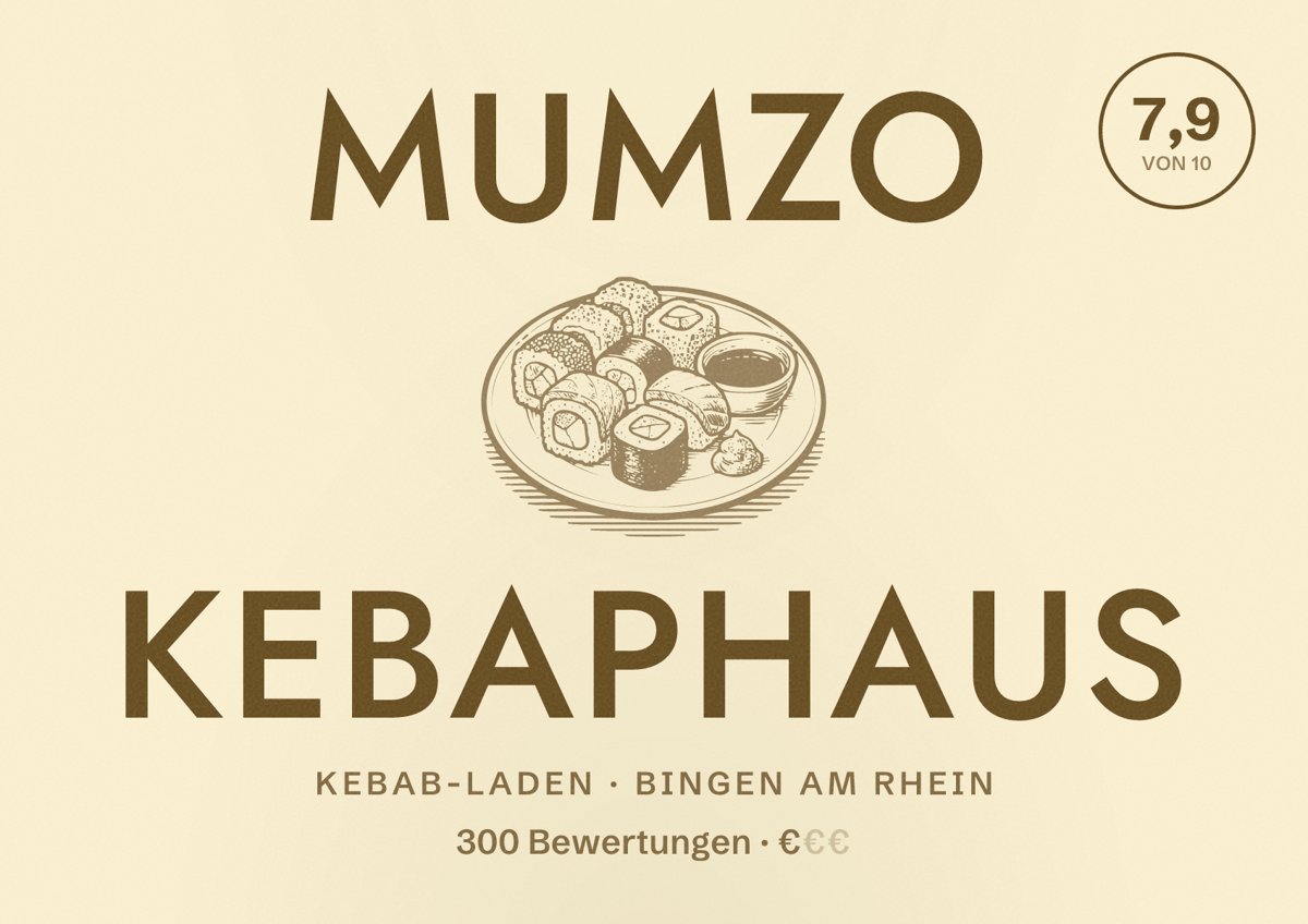 Illustriertes Poster von MUMZO Kebaphaus, Kebab-Laden in Bingen am Rhein: Bewertung 7,9 von 10 aus 300 Bewertungen, Preisniveau €