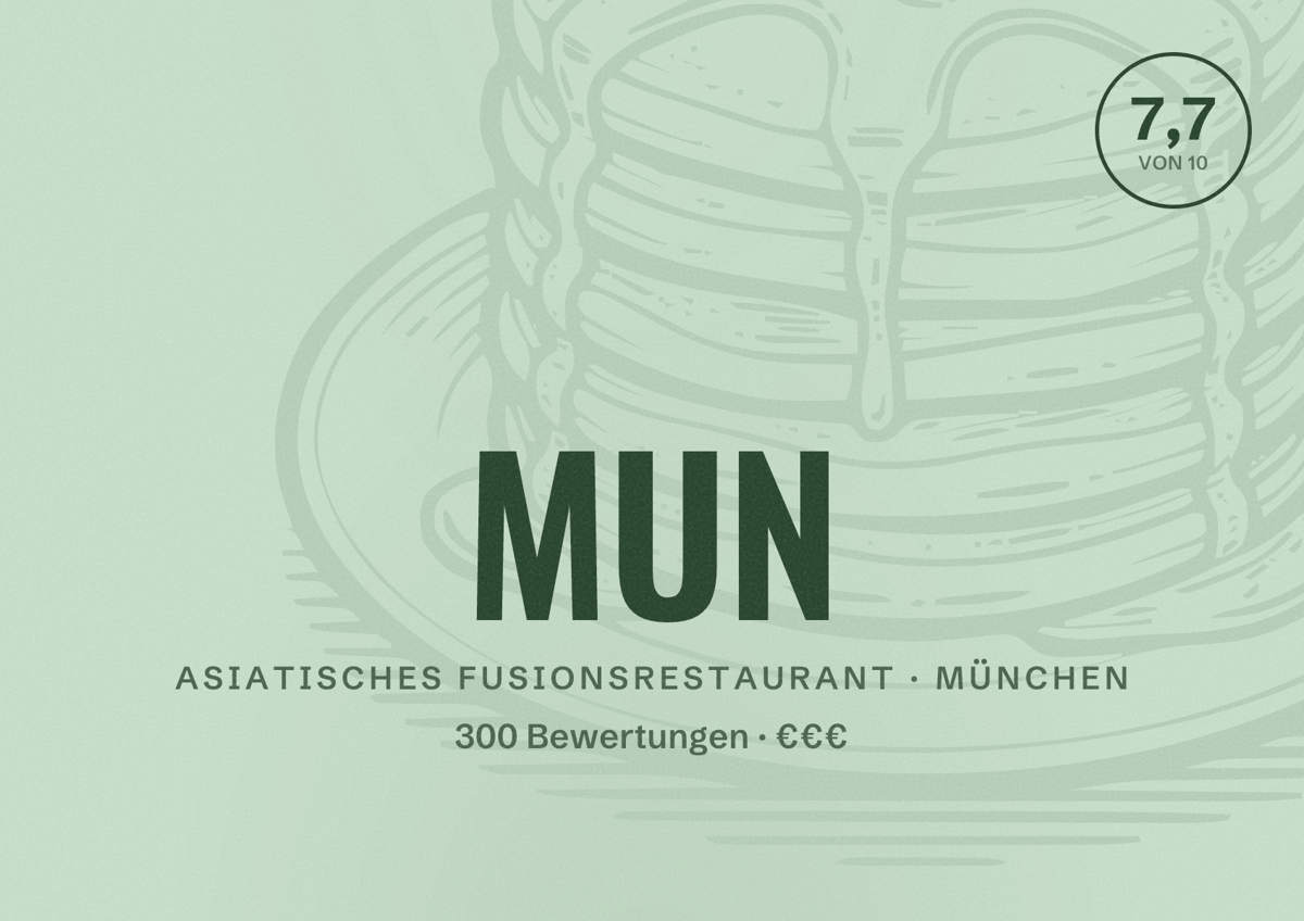 Illustriertes Poster von MUN, Asiatisches Fusionsrestaurant in München: Bewertung 7,7 von 10 aus 300 Bewertungen, Preisniveau €€€