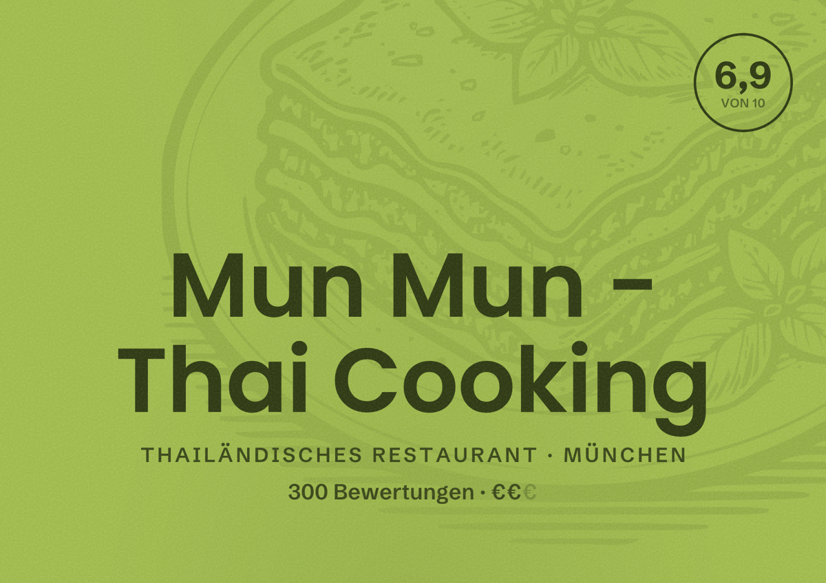 Illustriertes Poster von Mun Mun - Thai Cooking, Thailändisches Restaurant in München: Bewertung 6,9 von 10 aus 300 Bewertungen, Preisniveau €€