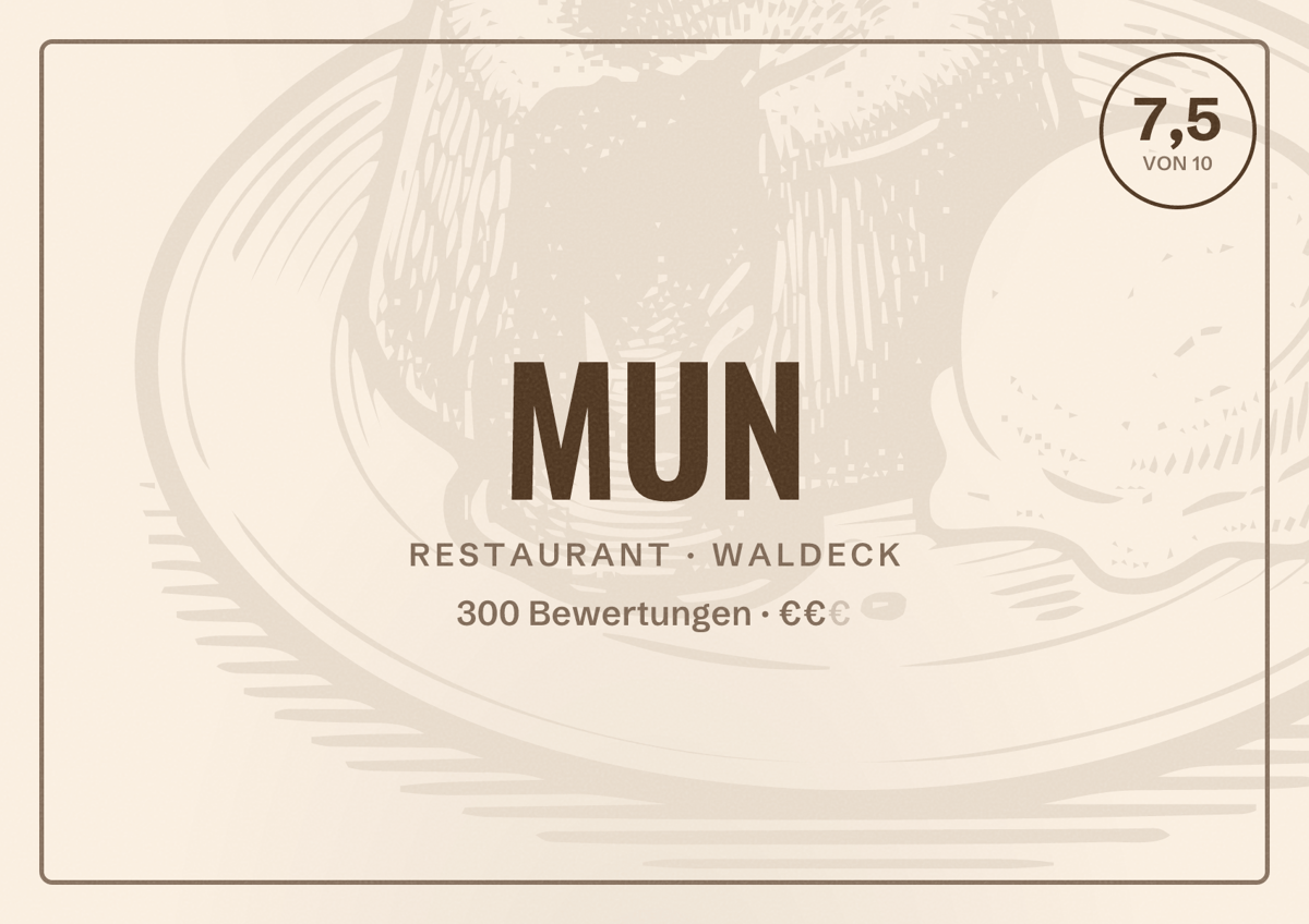 Illustriertes Poster von MUN, Restaurant in Waldeck: Bewertung 7,5 von 10 aus 300 Bewertungen, Preisniveau €€