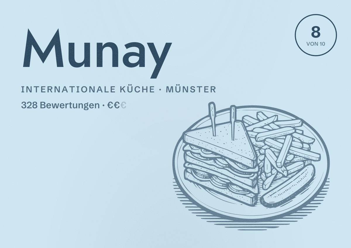 Illustriertes Poster von Munay, Internationale Küche in Münster: Bewertung 8 von 10 aus 328 Bewertungen, Preisniveau €€