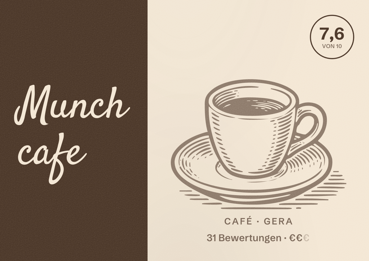 Illustriertes Poster von Munch cafe, Café in Gera: Bewertung 7,6 von 10 aus 31 Bewertungen, Preisniveau €€