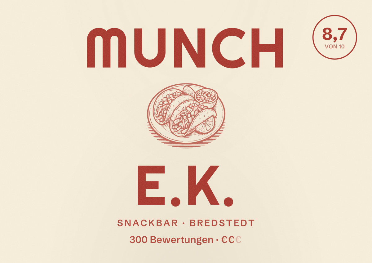 Illustriertes Poster von Munch e.K., Snackbar in Bredstedt: Bewertung 8,7 von 10 aus 300 Bewertungen, Preisniveau €€