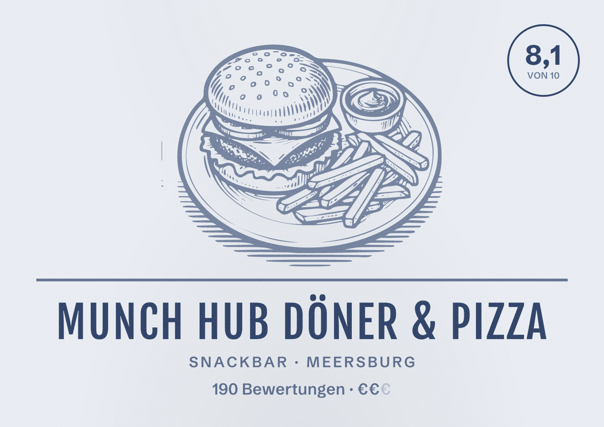 Illustriertes Poster von Munch hub Döner & Pizza, Snackbar in Meersburg: Bewertung 8,1 von 10 aus 190 Bewertungen, Preisniveau €€
