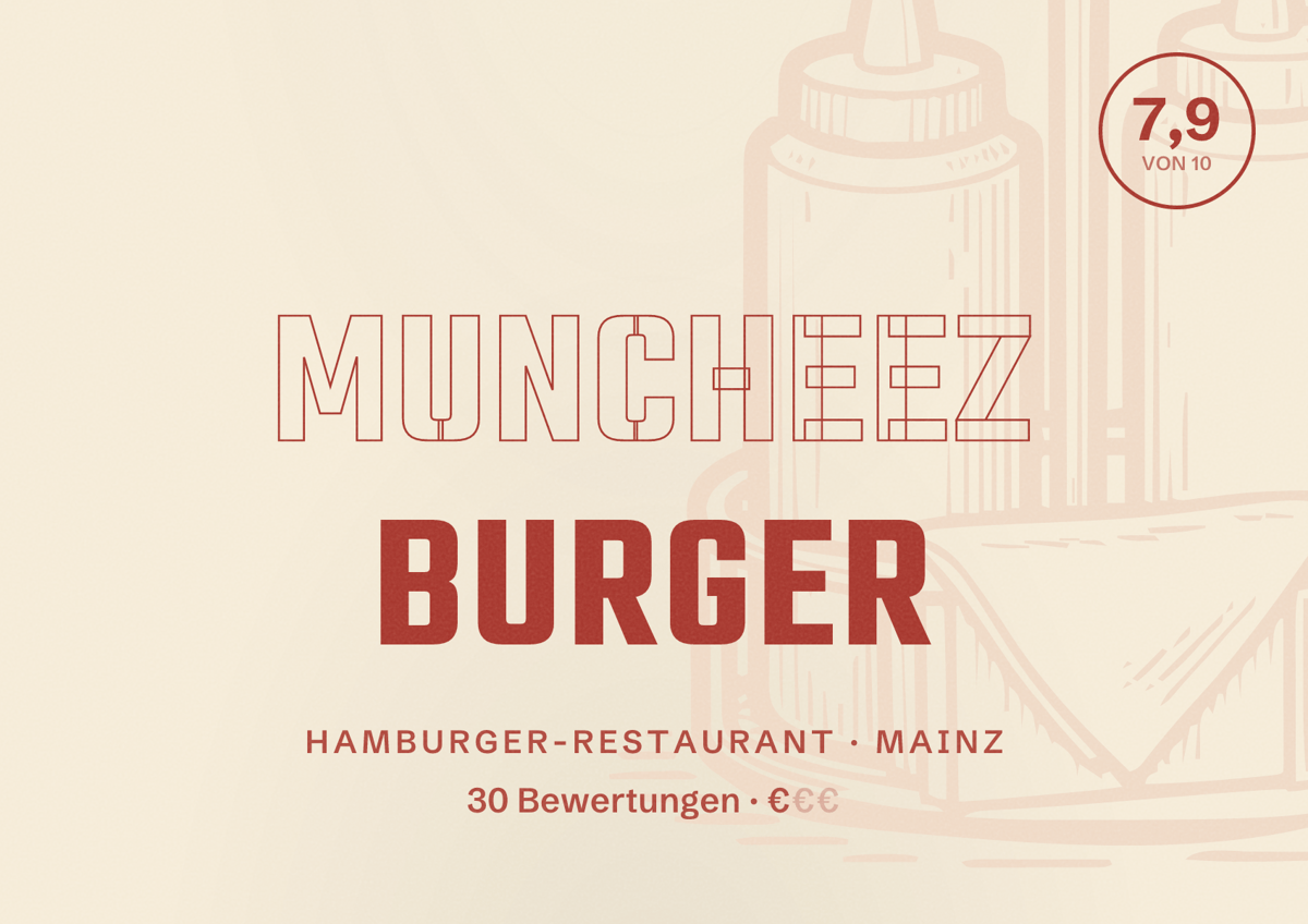 Illustriertes Poster von Muncheez Burger, Hamburger-Restaurant in Mainz: Bewertung 7,9 von 10 aus 30 Bewertungen, Preisniveau €