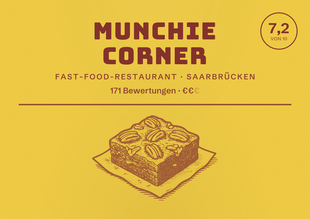 Illustriertes Poster von munchie corner, Fast-Food-Restaurant in Saarbrücken: Bewertung 7,2 von 10 aus 171 Bewertungen, Preisniveau €€