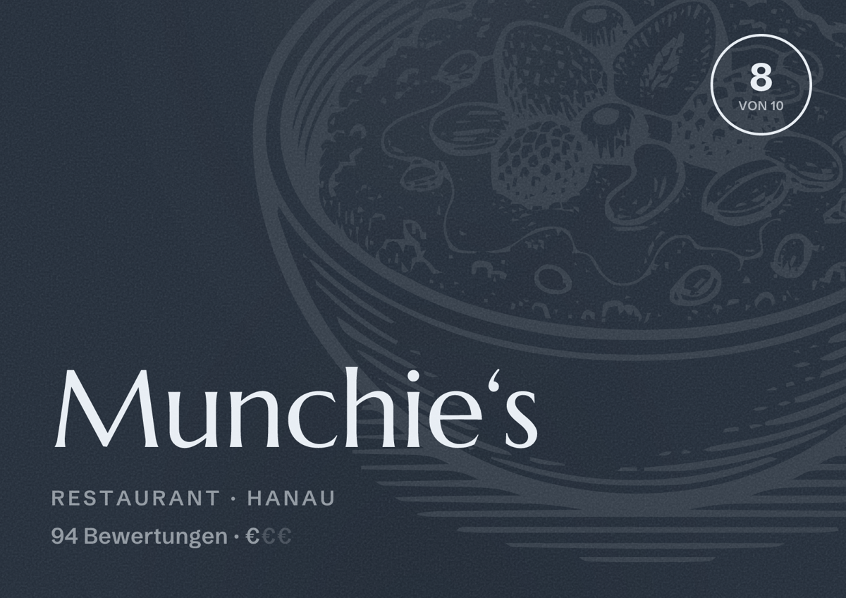 Illustriertes Poster von Munchie‘s, Restaurant in Hanau: Bewertung 8 von 10 aus 94 Bewertungen, Preisniveau €